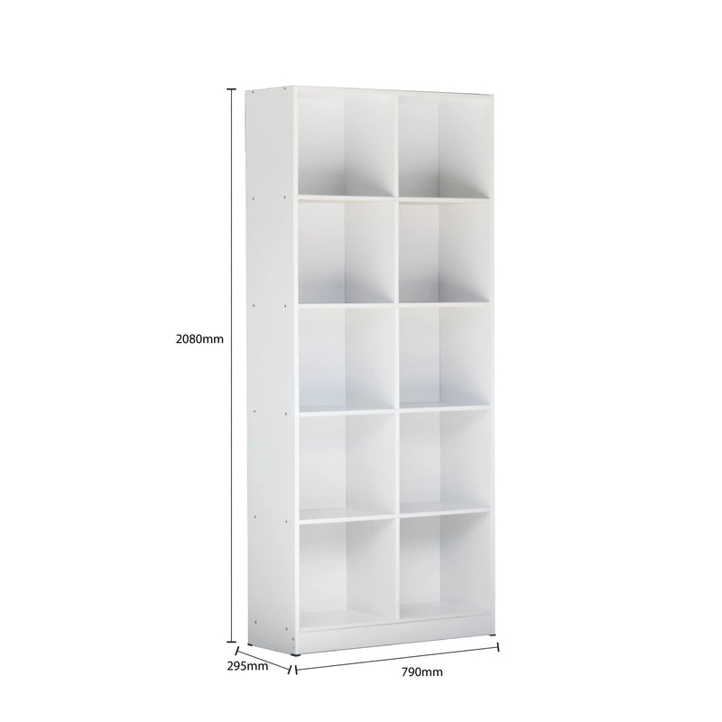 White bookshelf with dimensions on a white background