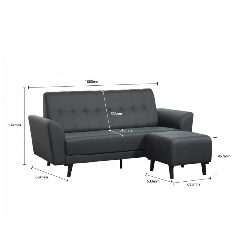 Gray sofa with dimensions marked on a white background