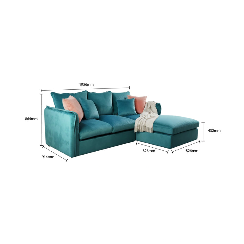Teal sectional sofa with dimensions labeled on a white background