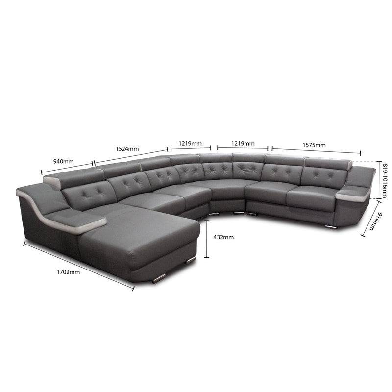 Gray sectional sofa with dimensions labeled on a white