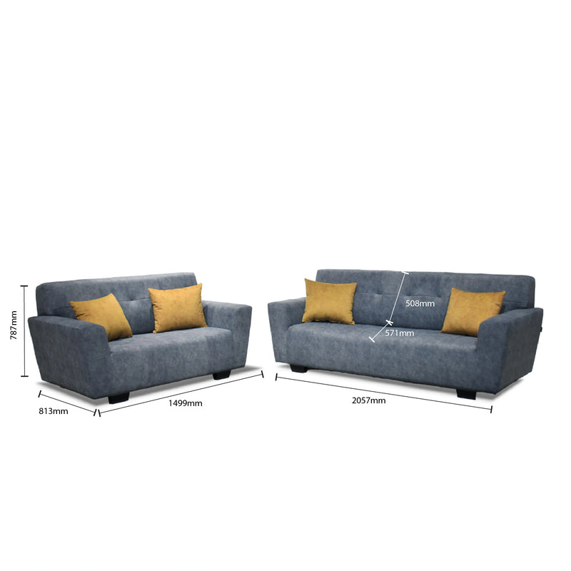 Two gray sofas with yellow cushions and their dimensions on a white background