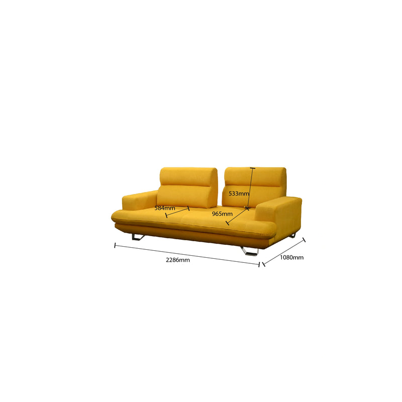 Yellow sofa with dimensions marked on a white background