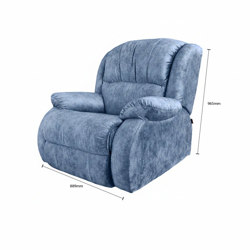 Blue recliner chair with dimensions on a white background