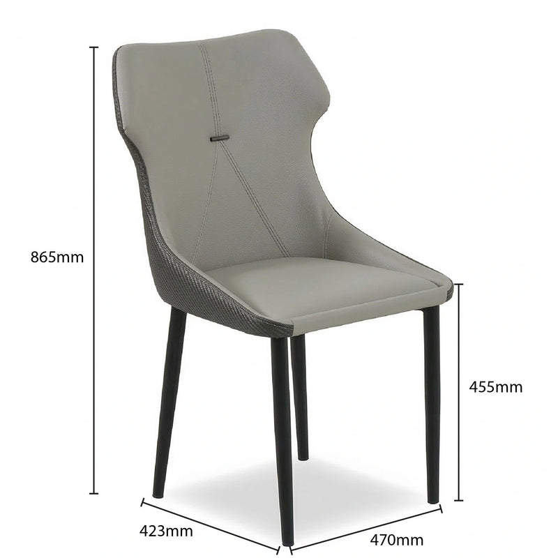 Gray chair with dimensions labeled on a white background
