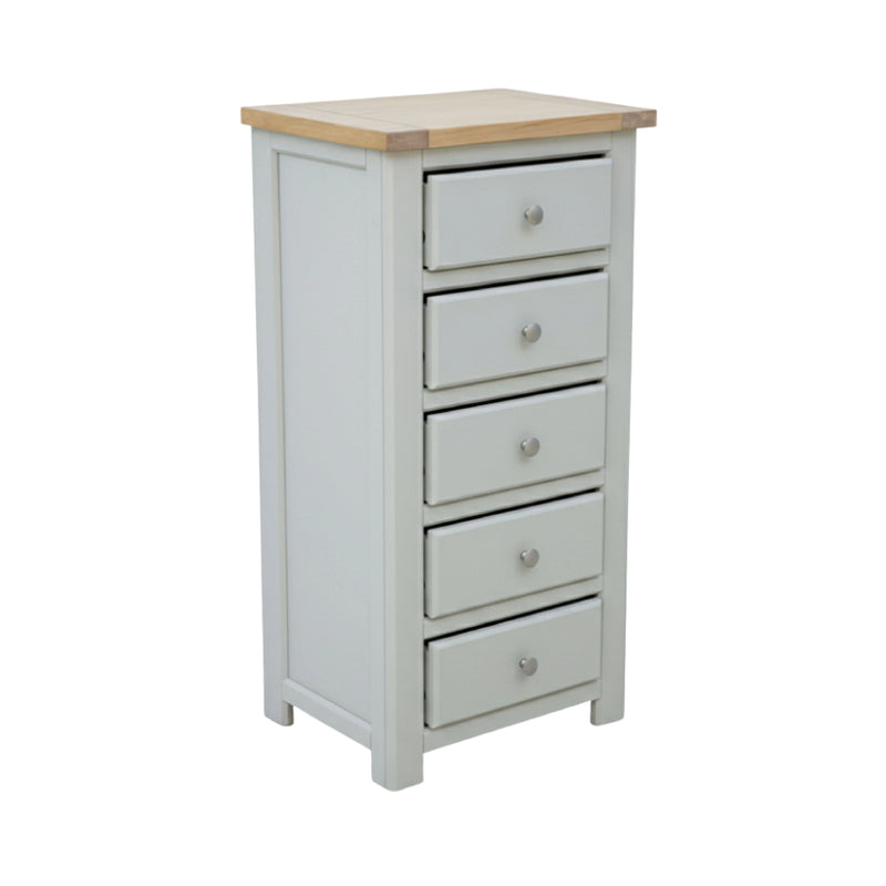 Light gray dresser with five drawers and a wooden top on a white background