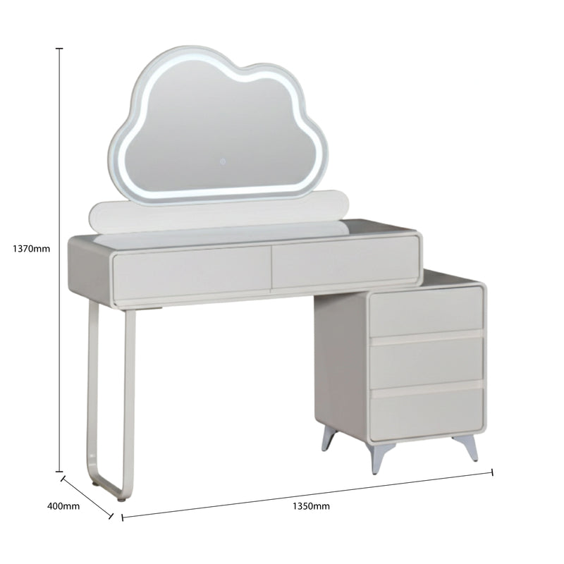 Dressing table with cloud-shaped mirror and dimensions on a white background