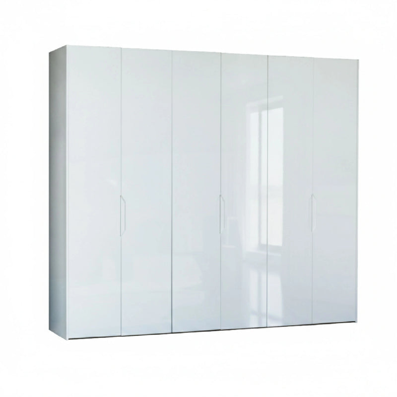 White high-gloss wardrobe with multiple doors on a white background