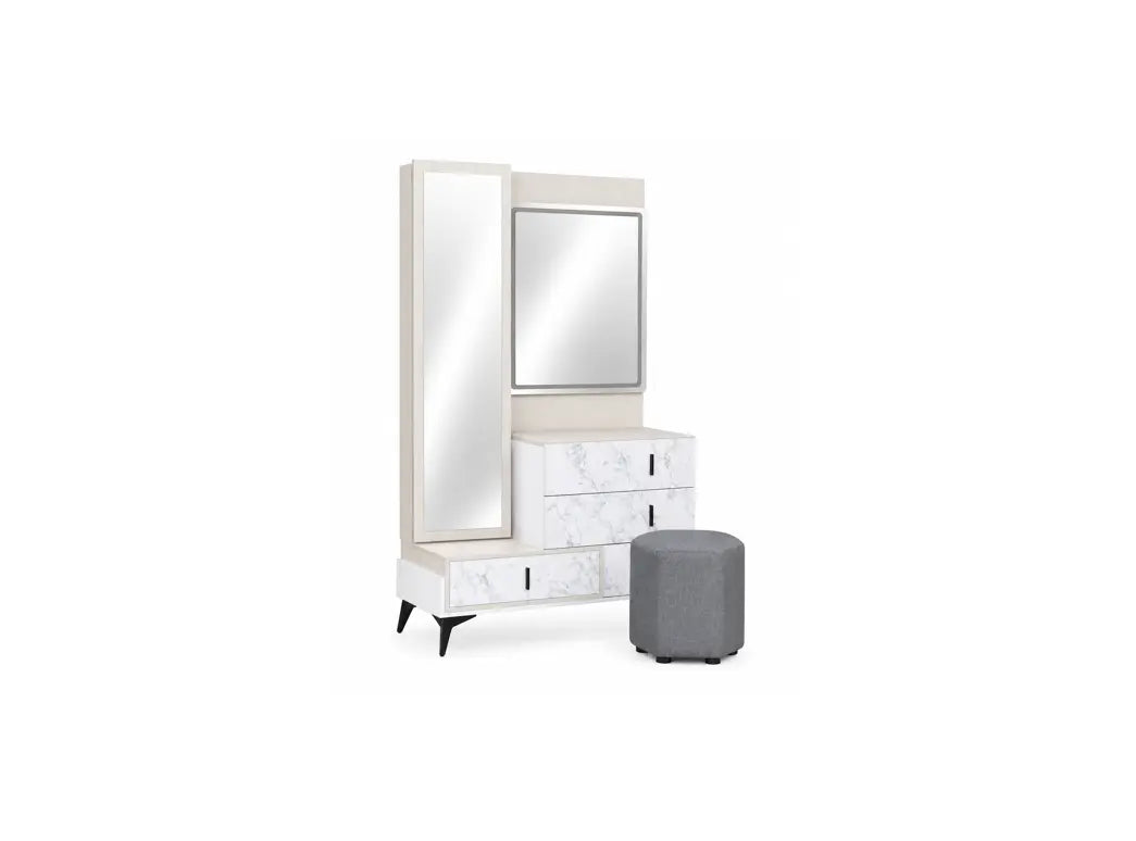 A modern white and marble dresser with an integrated tall mirror, a smaller square mirror, three drawers, and a round gray ottoman, shown on a plain white background.