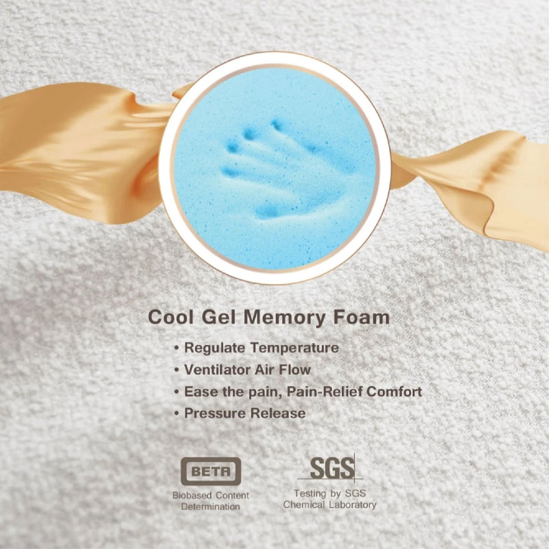 Cool Gel Memory Foam with gold and blue design on a textured gray background