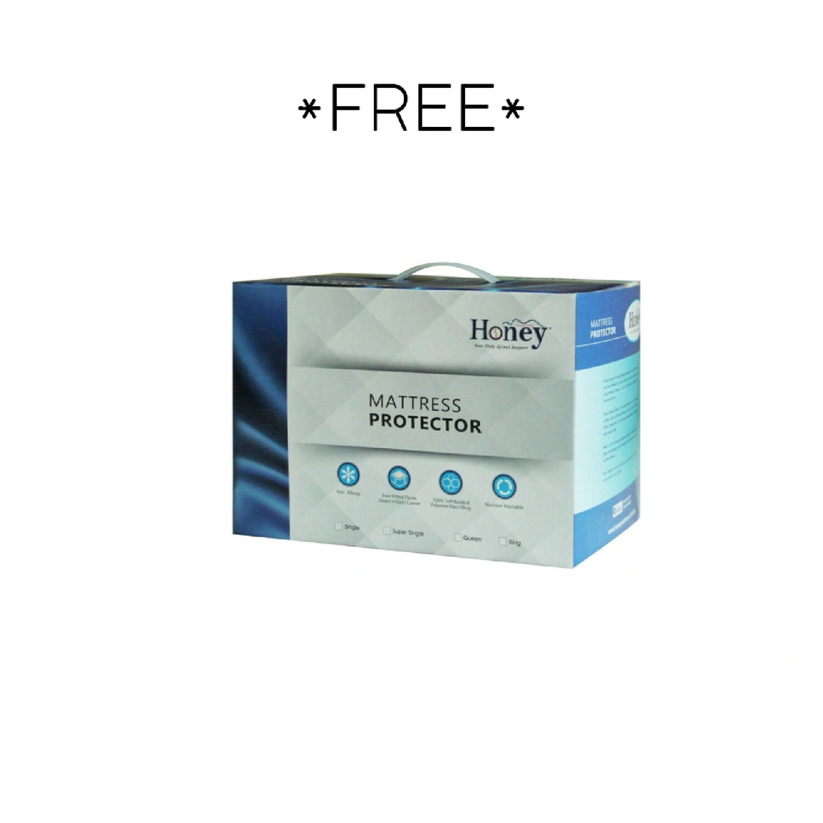 Box of Honey mattress protector on a white background with 'FREE' text above.