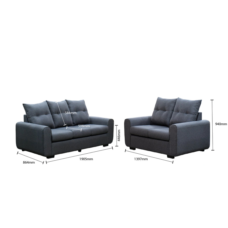 Gray sofa set with dimensions on a white background