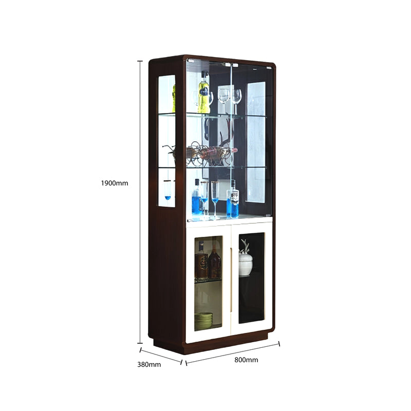 Tall dark wooden display cabinet with glass doors, showing measurements on a white background.