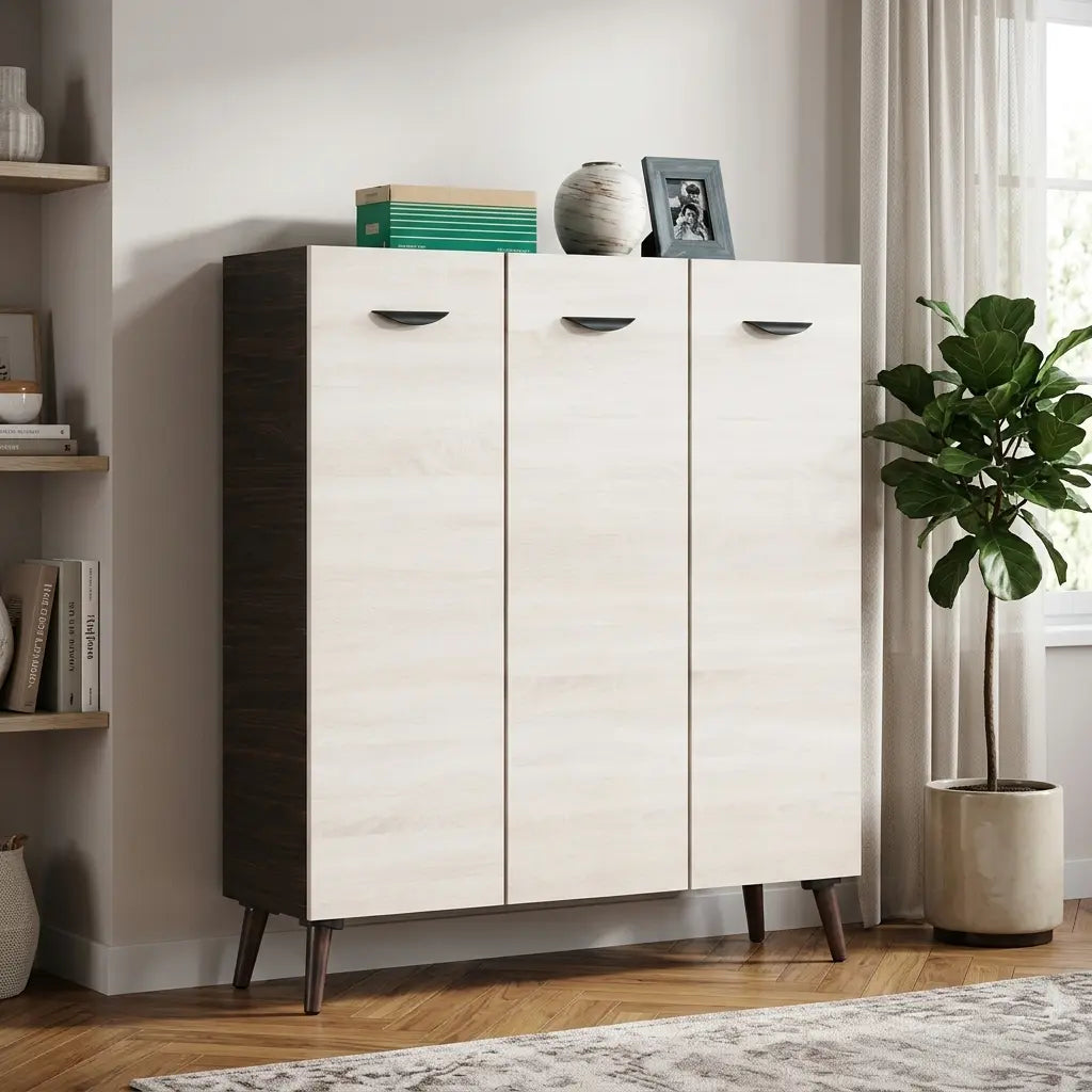 A three-door cabinet with light beige wood-grain doors and dark brown side panels and legs, styled in a bright room next to a window with sheer curtains and a potted plant.