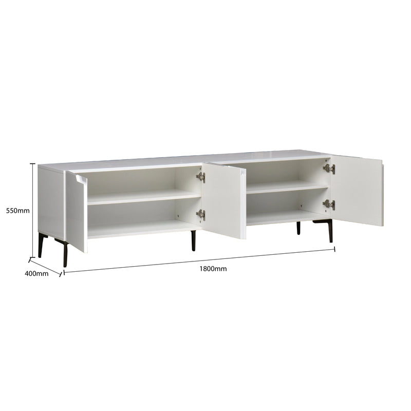 White cabinet with open doors showing dimensions on a white background