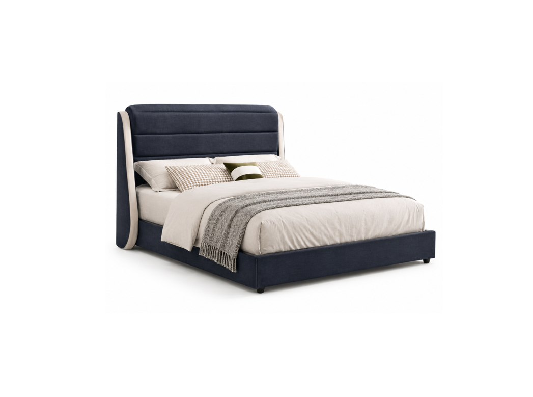 Gray upholstered bed with white mattress on a white background