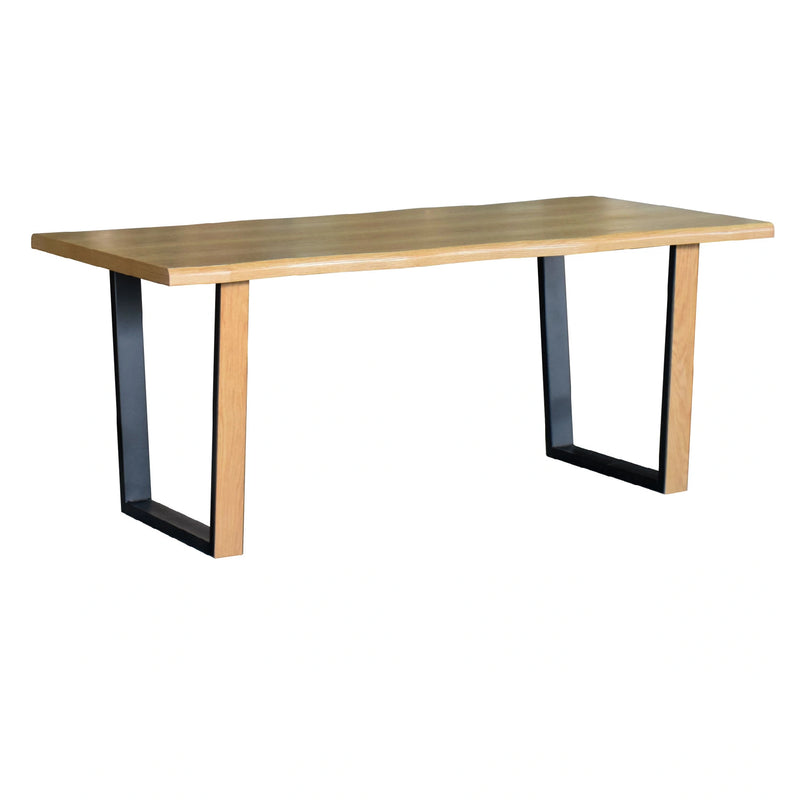 Wooden table with black metal legs on a white background