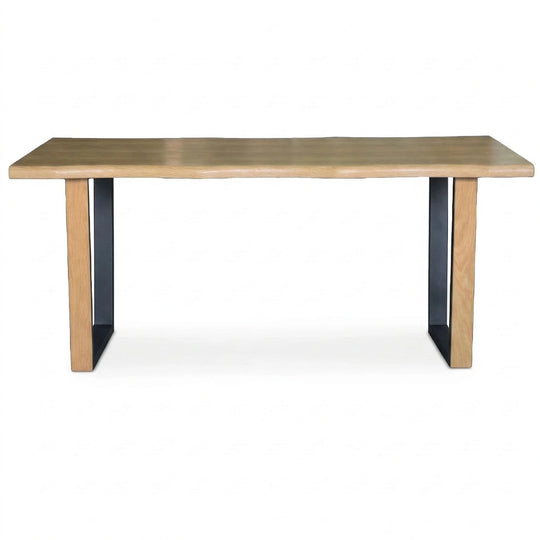 Wooden table with black legs on a white background