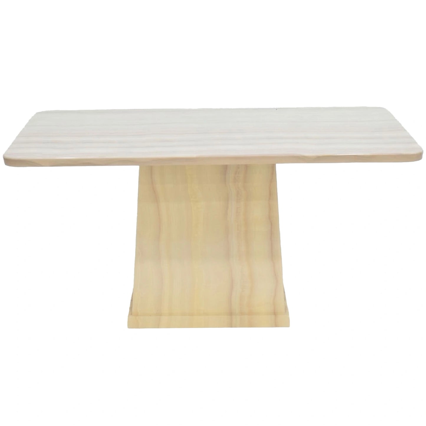 Rectangular table with a white marble top and wooden base on a white background