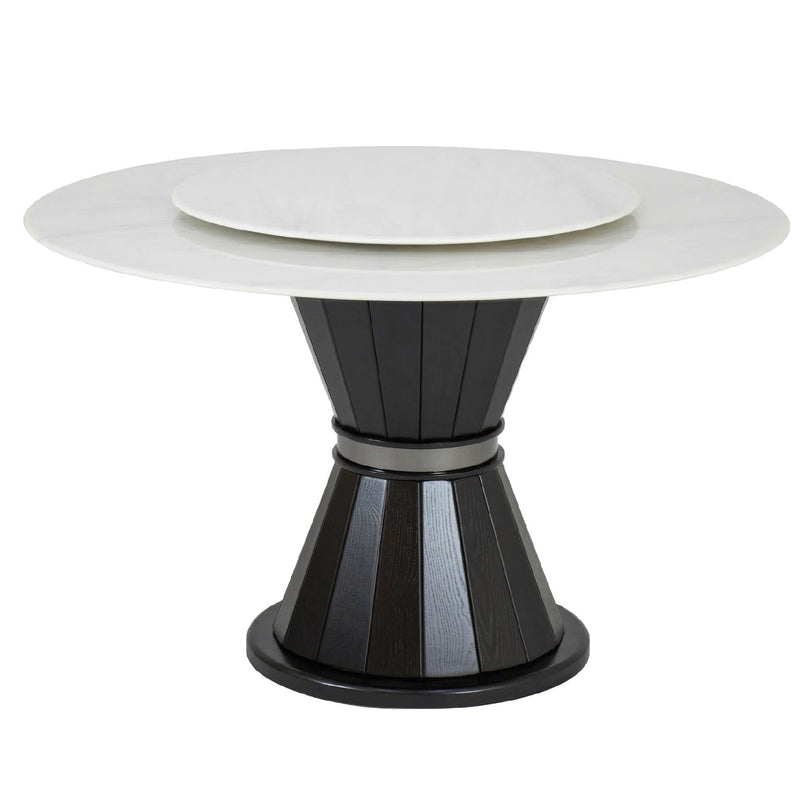 Modern round table with white top and black cylindrical base on a white background