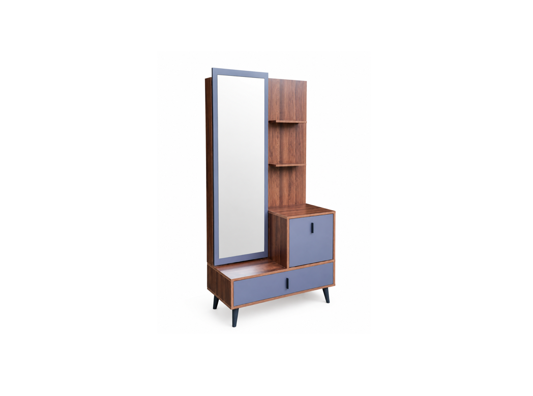 A mid-century modern vanity cabinet with a tall mirror, open shelving, a lower drawer, and a side cabinet, featuring a medium brown wood finish and muted blue-gray panels.