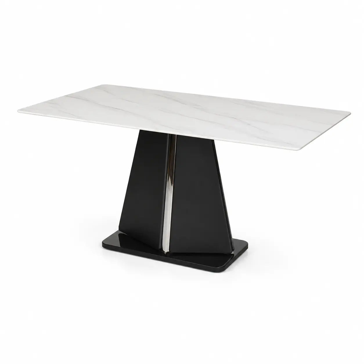 A modern dining table featuring a white marble-look rectangular top with subtle gray veining and a glossy black geometric pedestal base.