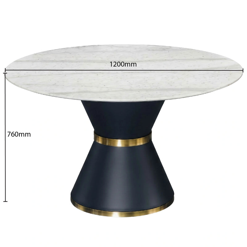 Round dining table with marble top and black base with gold band, dimensions indicated.