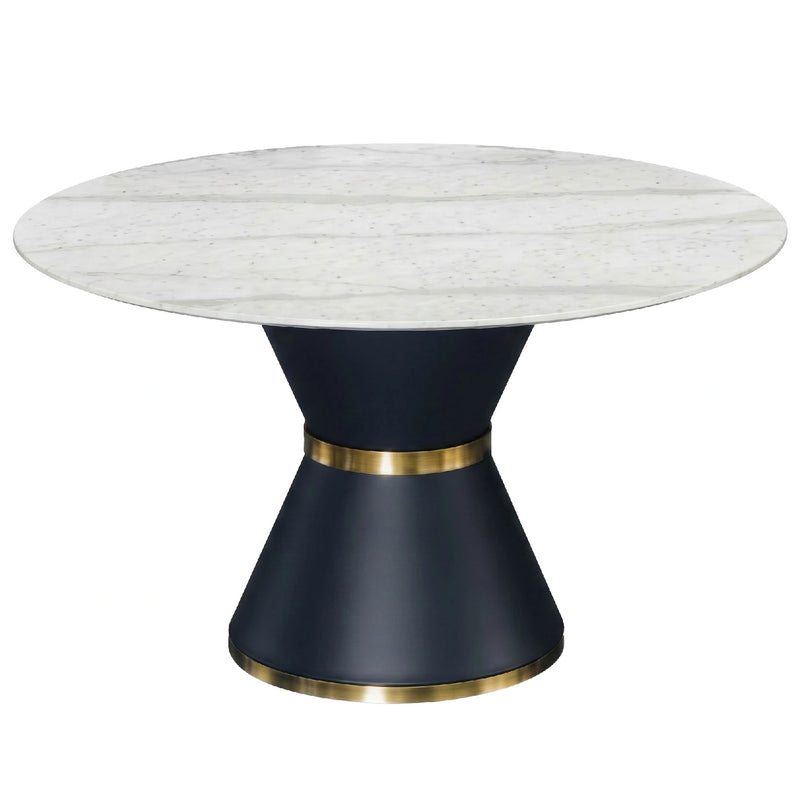 Round marble table with a dark base and gold band on a white background