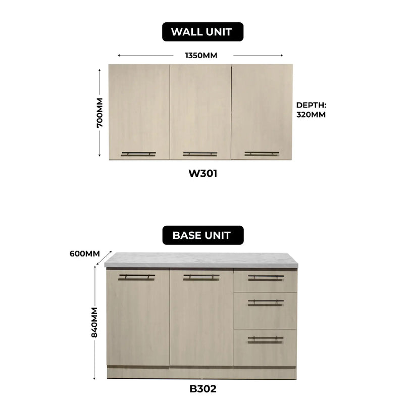 Dimensions of wall and base units with labels and measurements on a white background