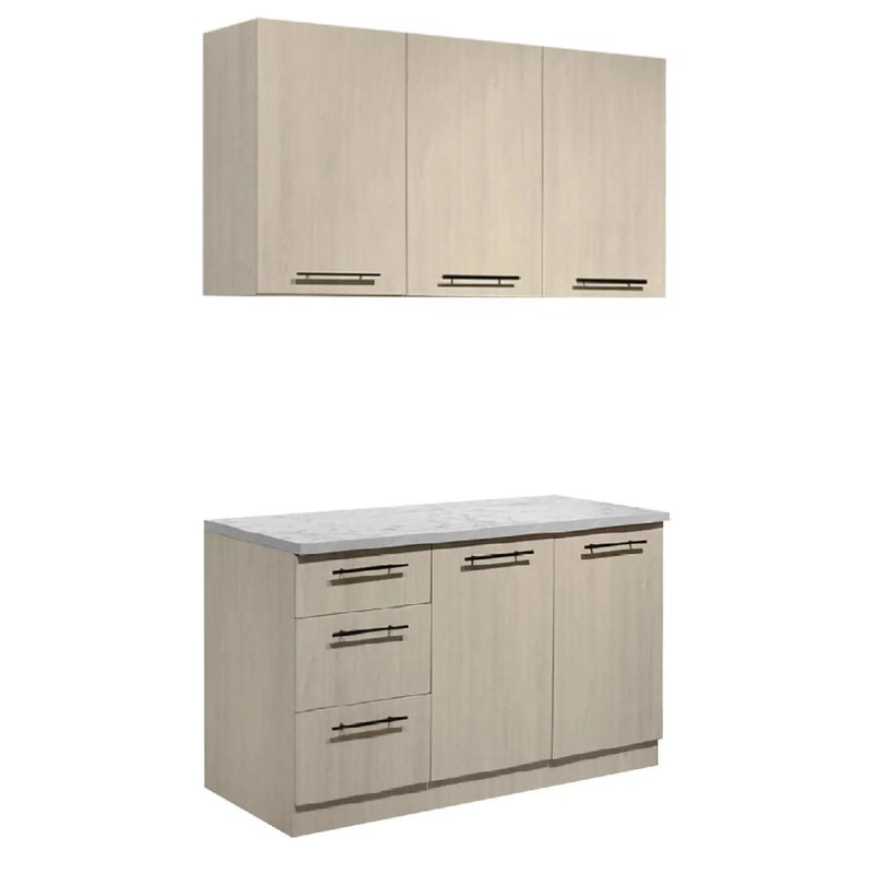 Beige kitchen cabinet set with a countertop on a white background