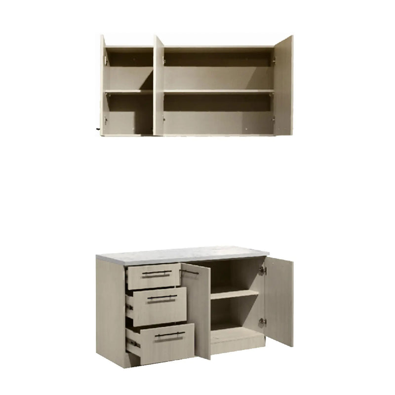 Beige storage cabinet with open doors and drawers on a white background