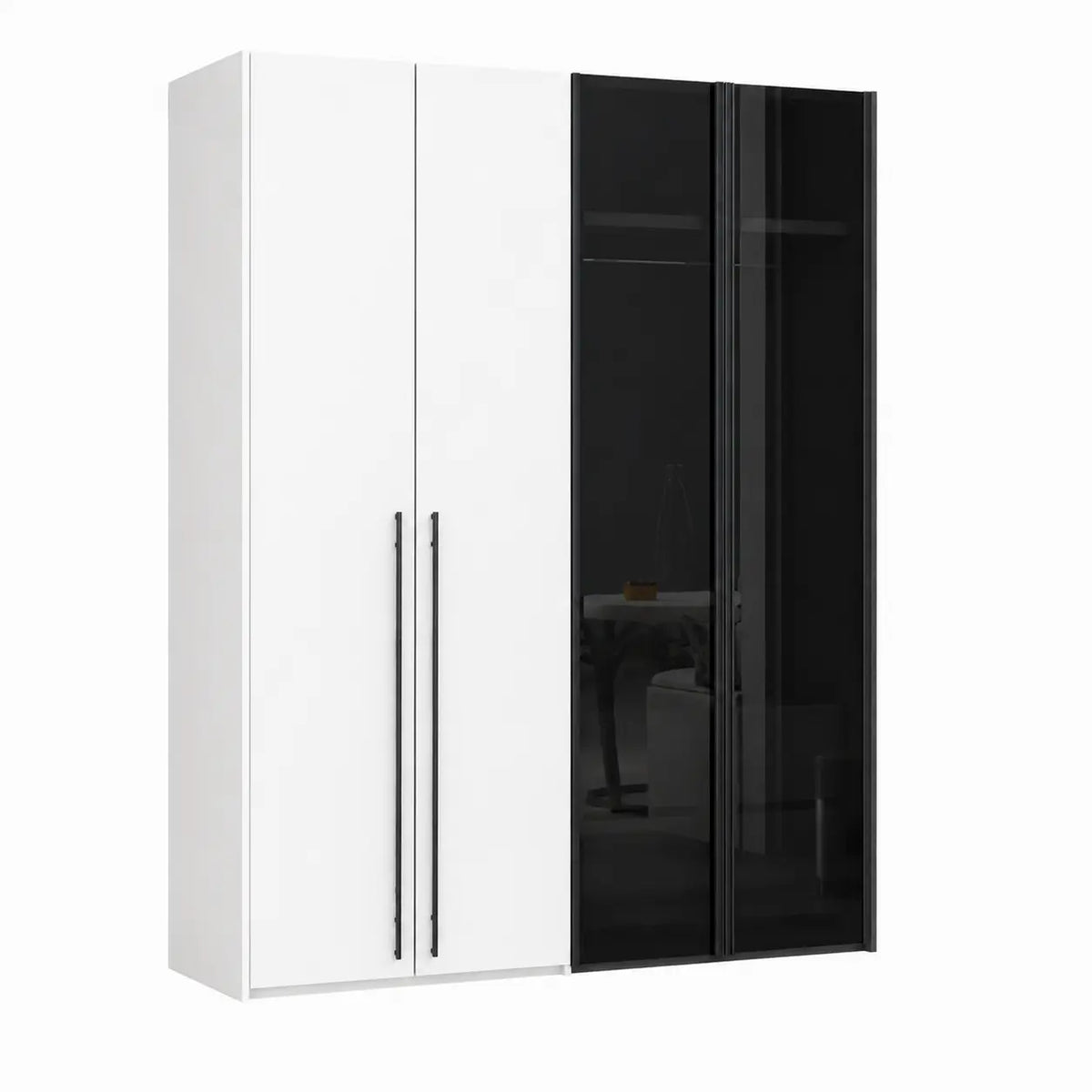 A modern three-door wardrobe with two white doors on the left and two black glass doors on the right, featuring slim black vertical handles.