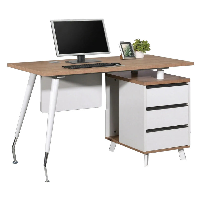 Wooden desk with white legs and storage drawers, featuring a computer setup on a white background.