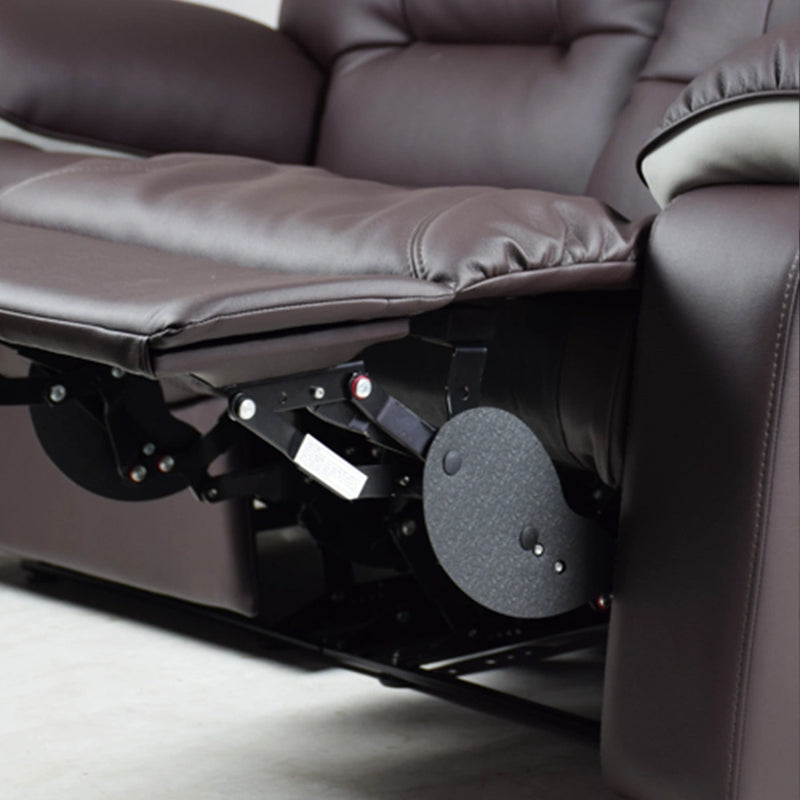 Brown leather recliner chair with mechanical components on a light background