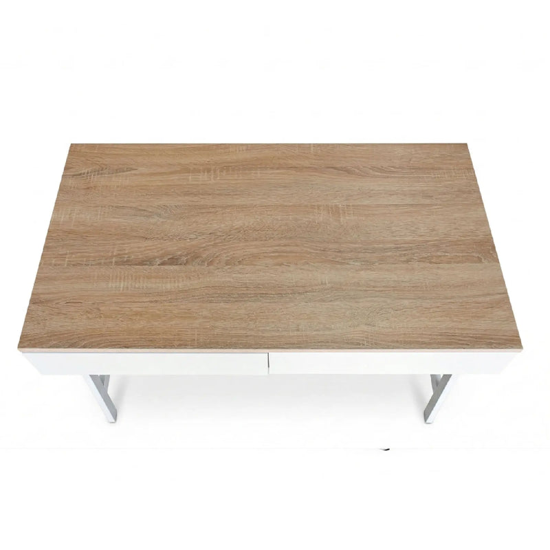 Rectangular table with wooden top and white base on a white background