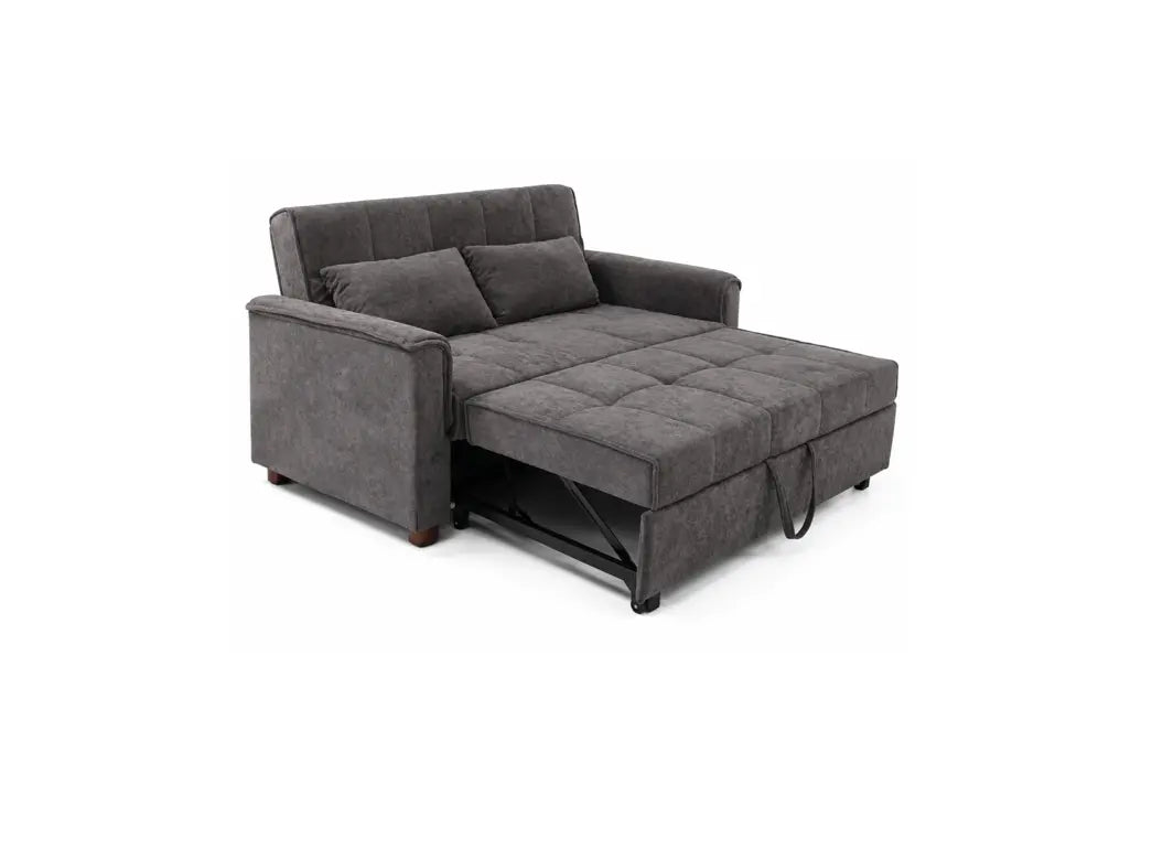 A dark gray fabric chaise lounge sofa with a fully extended chaise seat, shown on a plain white background.