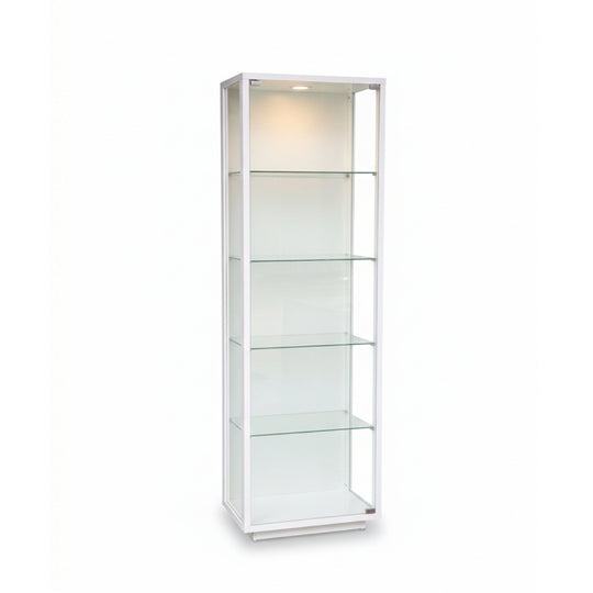 Glass display cabinet with white frame on a white background