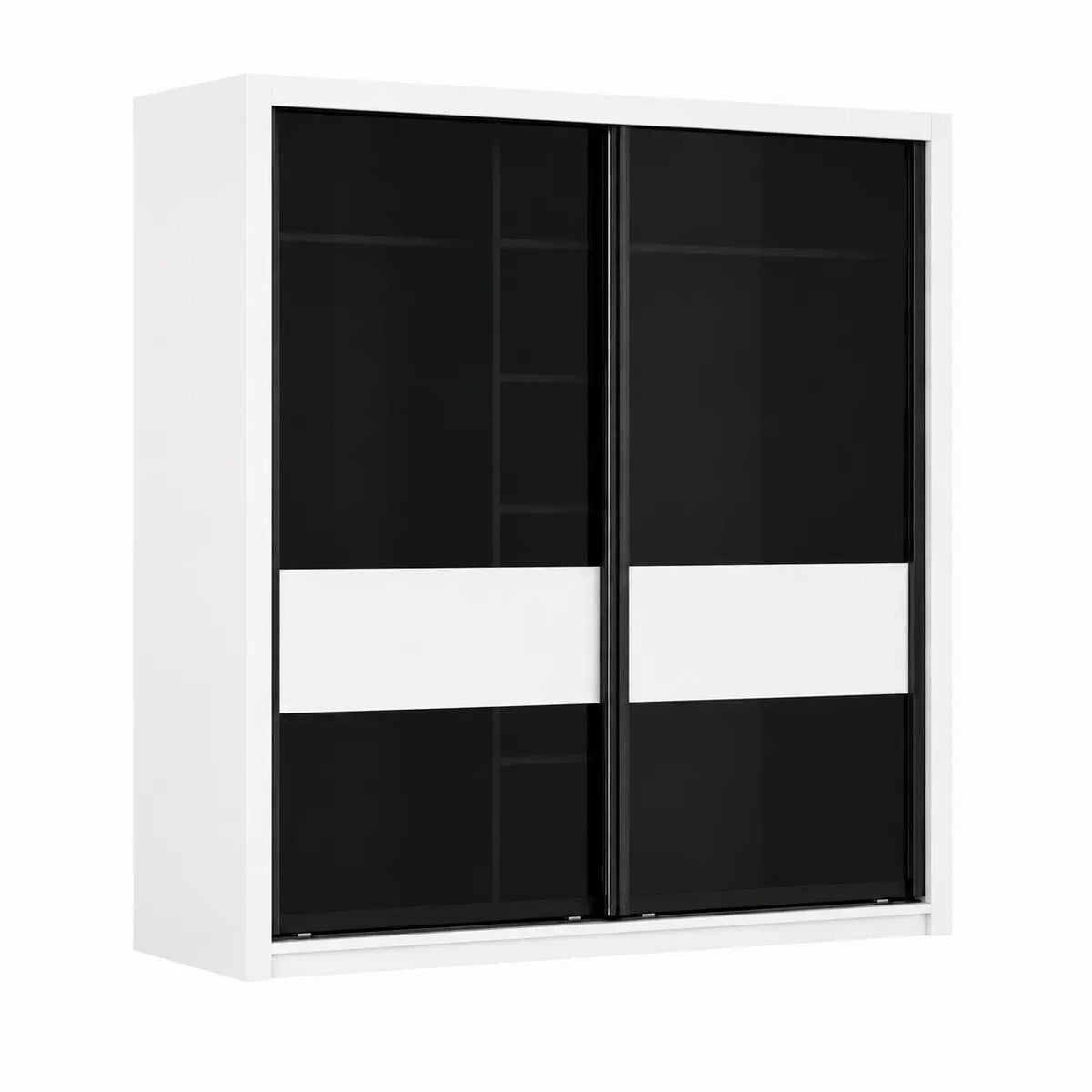 A modern wall-mounted wardrobe or storage cabinet with a white frame and two black sliding doors featuring a wide white horizontal band across the middle, shown on a plain white background.