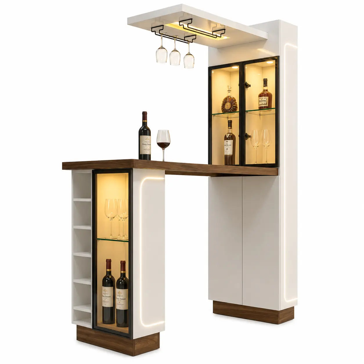 A modern white and wood bar cabinet with integrated wine storage, illuminated glass shelves, hanging wine glasses, and a countertop setup on a clean white background.