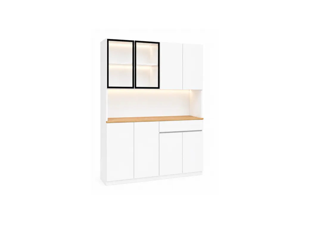 A modern white kitchen storage cabinet with a light wood countertop, featuring two upper glass-front cabinets with black frames and built-in warm lighting, and lower cabinets and drawers.