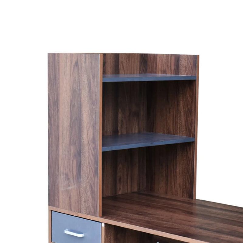 Wooden bookshelf with a desk on a white background
