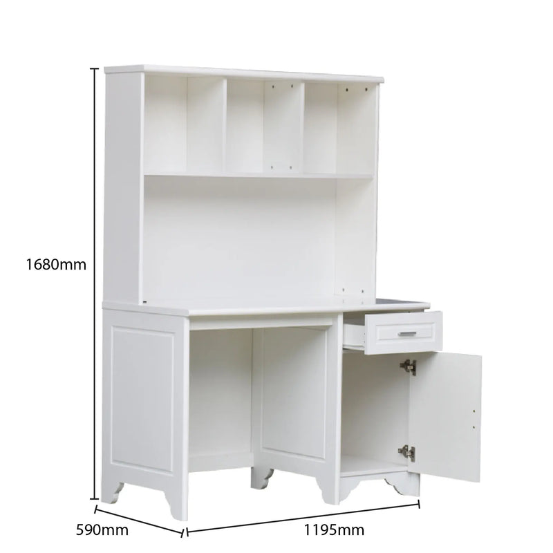 White desk with hutch and measurements on a white background