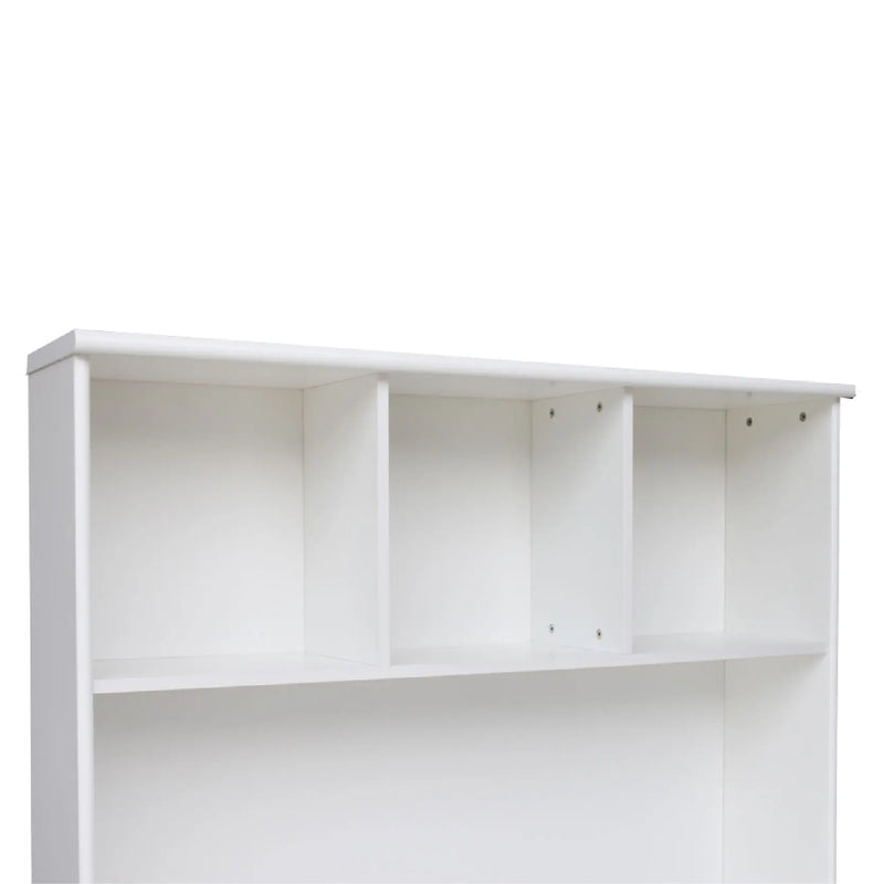 White bookshelf with three shelves on a white background