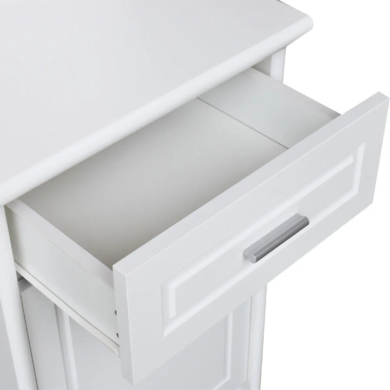 White cabinet with an open drawer on a white background