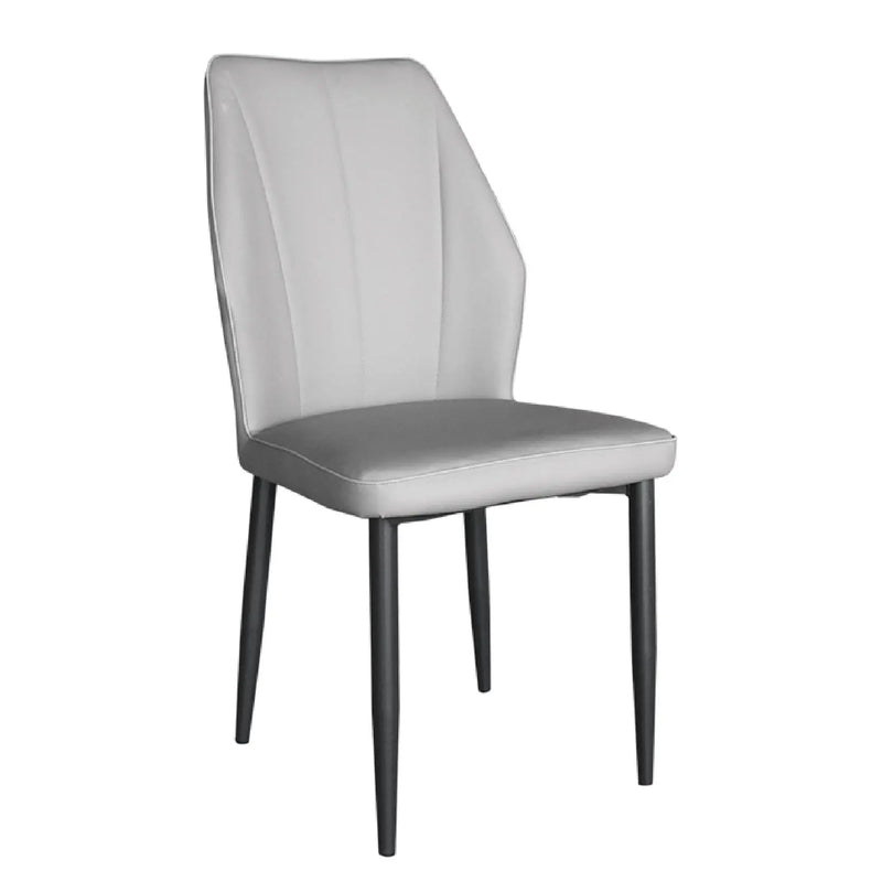 Gray upholstered chair with black legs on a white background