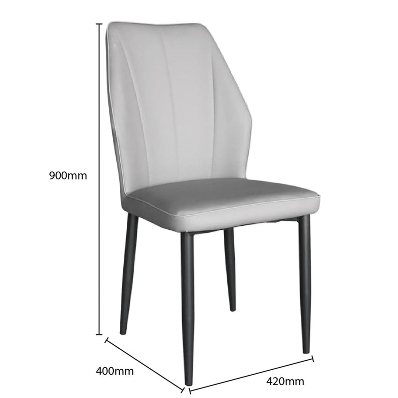 Gray chair with dimensions labeled on a white background