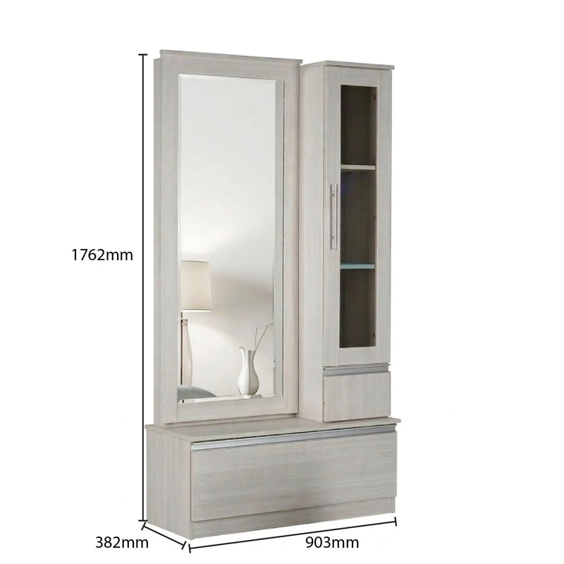 White display cabinet with mirror and shelves, showing dimensions on a white background