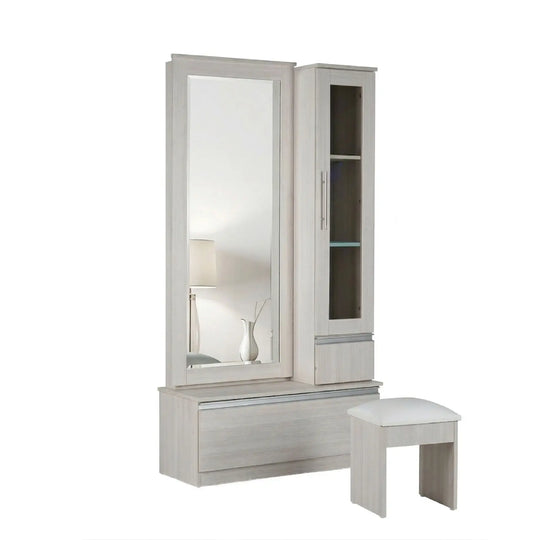 White wooden cabinet with mirror and stool on a white background