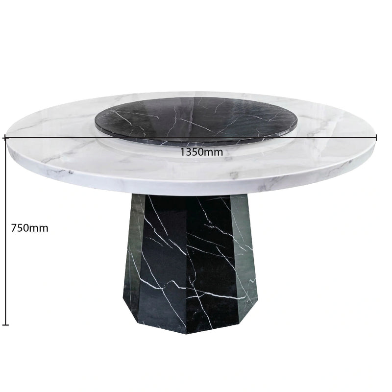 Marble dining table with dimensions on a white background
