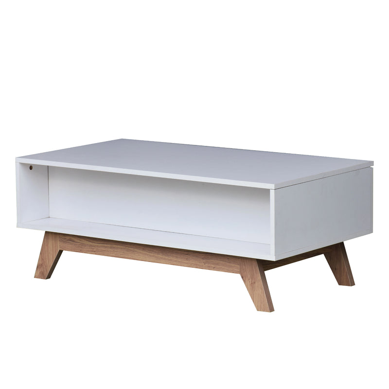 White coffee table with wooden legs on a white background