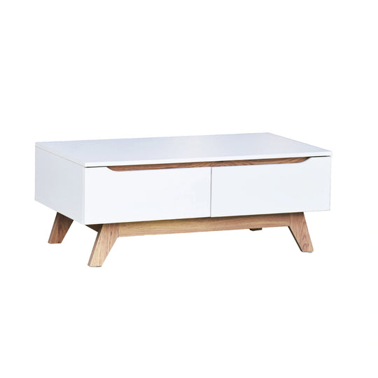 White coffee table with wooden legs on a white background